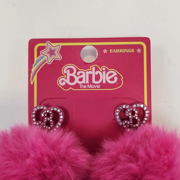 Barbie The Movie Pink Puff Ball Crystal Heart Post Earrings Bling Glam New - Picture 2 of 4